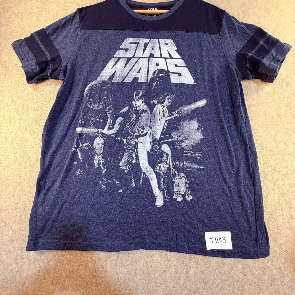 Star Wars Mad Engine Mens XL Graphic T-Shirt Blue Yoke Striped Sleeve Cast Print